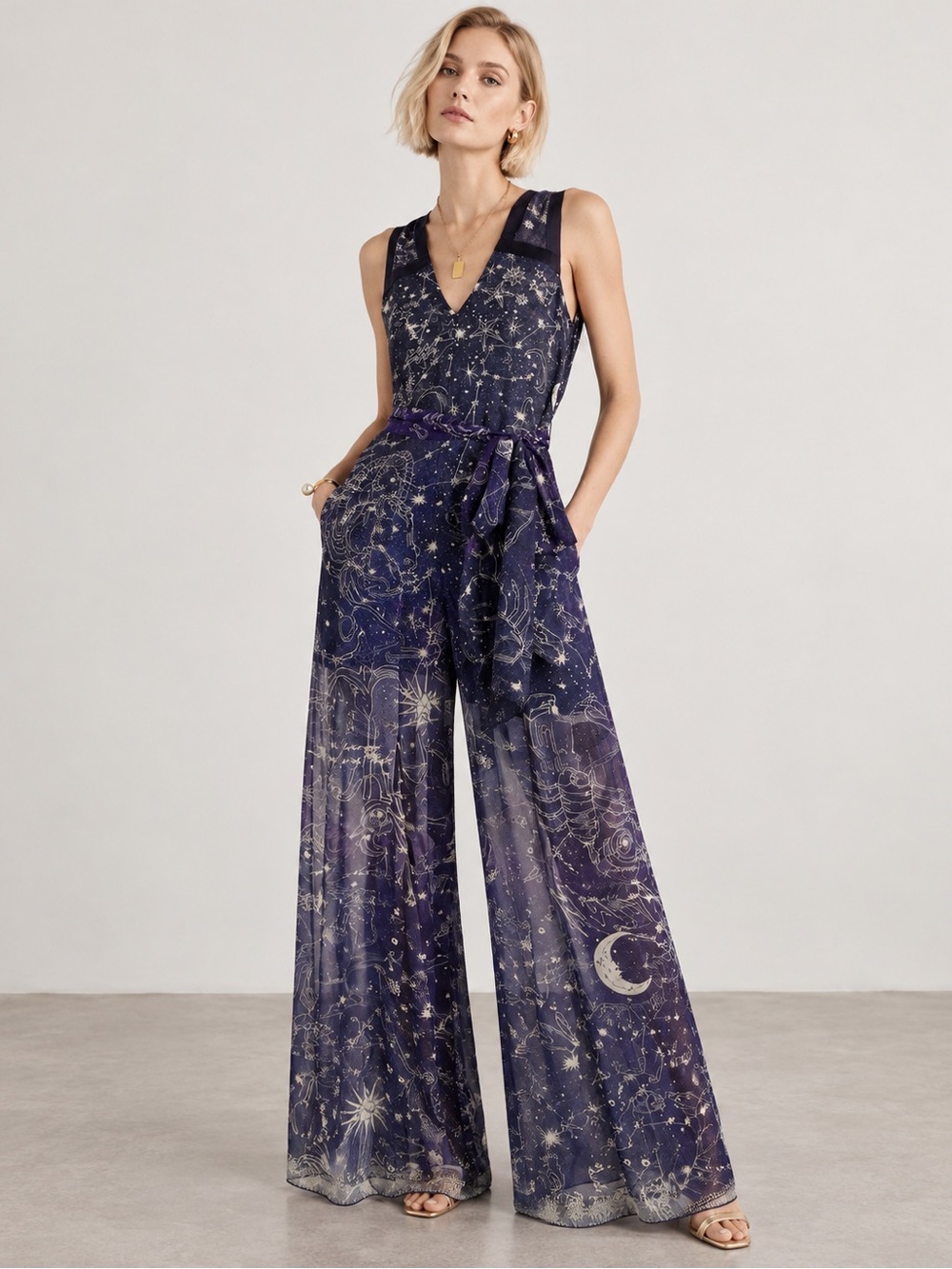 Camilla Celestial-Print Navy Wide-Leg Jumpsuit - Picture 9 of 9